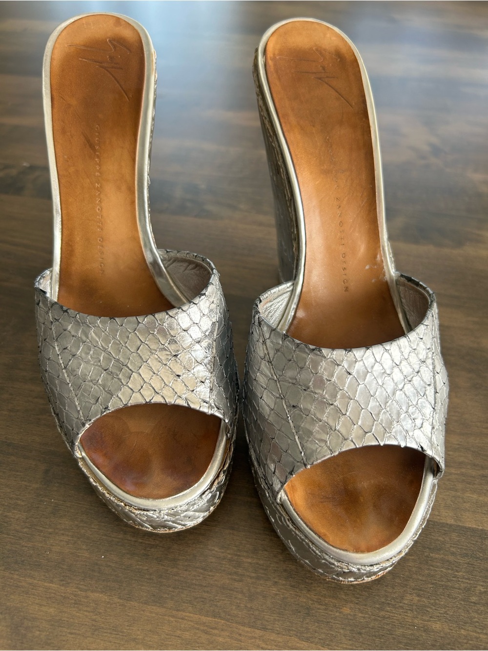 Giuseppe Zanotti Silver Snakeskin Platform Slide Sandals